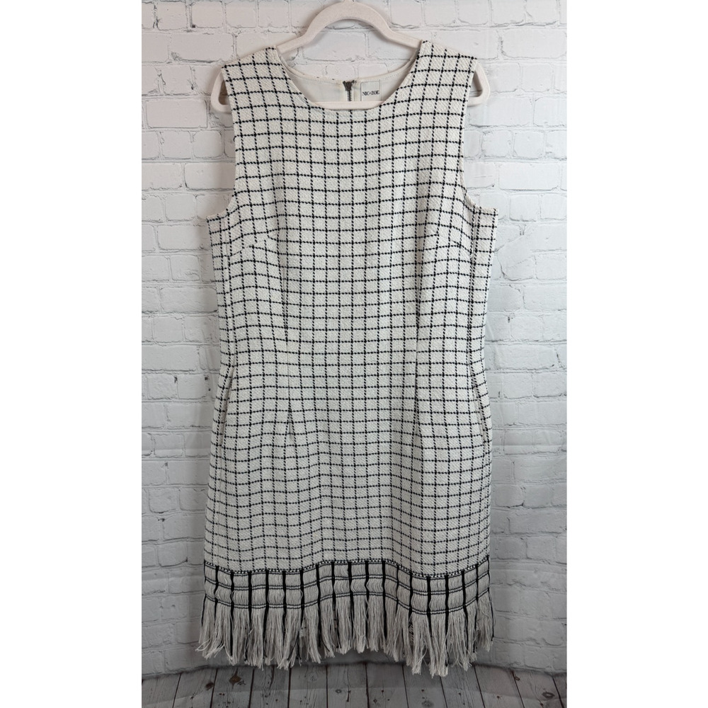 NIC + ZOE fringe hem shift cream black check sleeveless dress size L